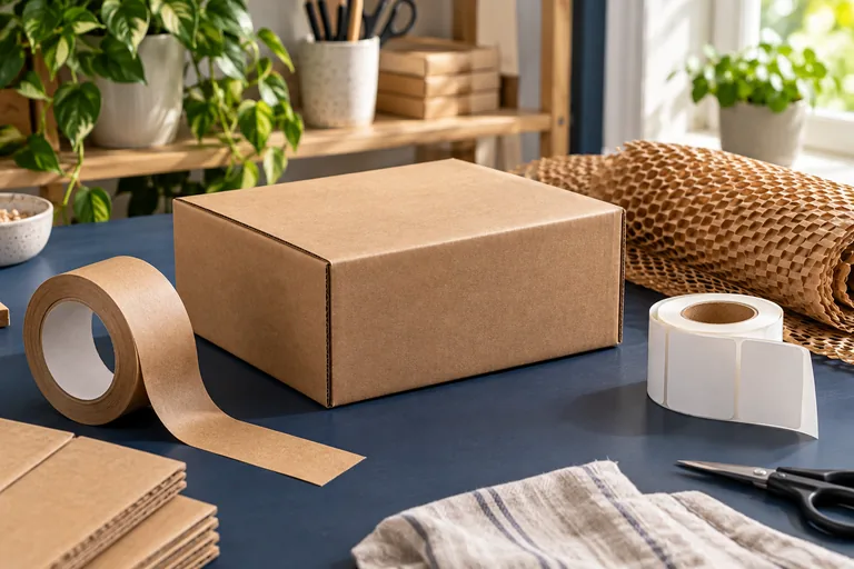 Kraft packaging, paper tape and blank label rolls at a packing station.
